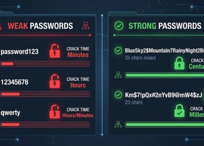 Comparison showing weak vs strong passwords and time to crack each one