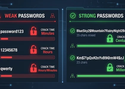 Comparison showing weak vs strong passwords and time to crack each one