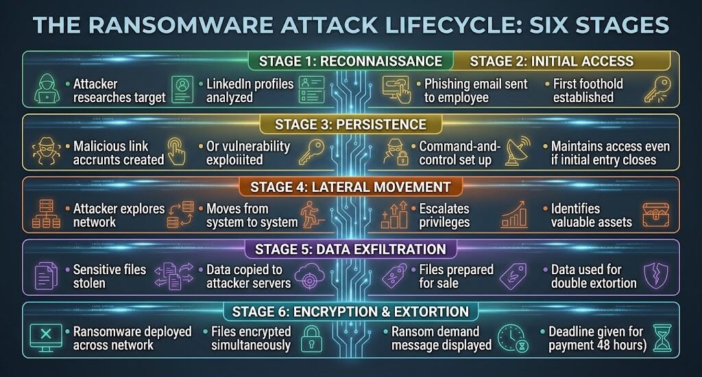 Diagram showing the six stages of a ransomware attack from reconnaissance through encryption and extortion demands