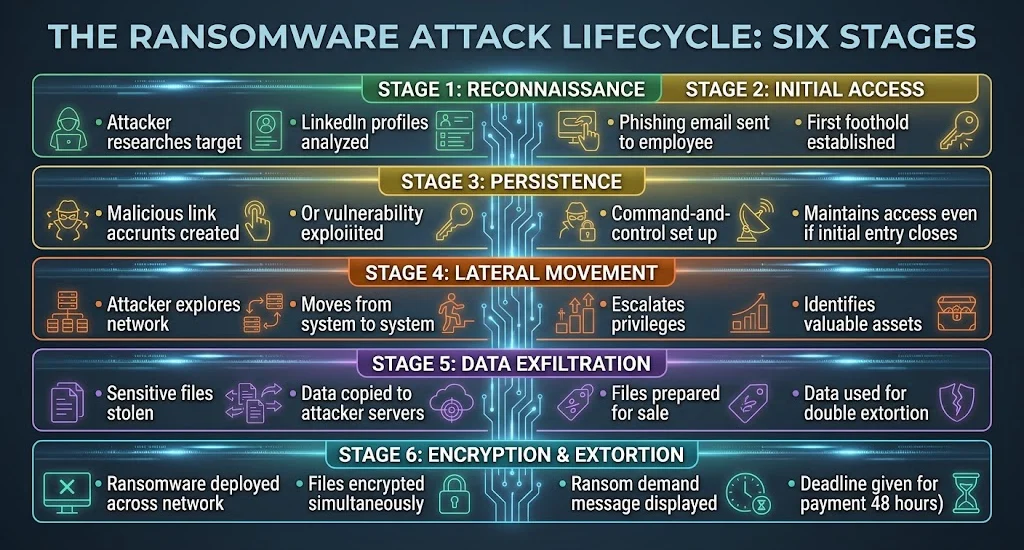 Diagram showing the six stages of a ransomware attack from reconnaissance through encryption and extortion demands