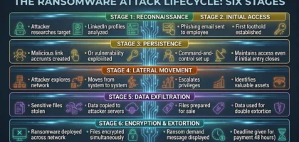 Diagram showing the six stages of a ransomware attack from reconnaissance through encryption and extortion demands