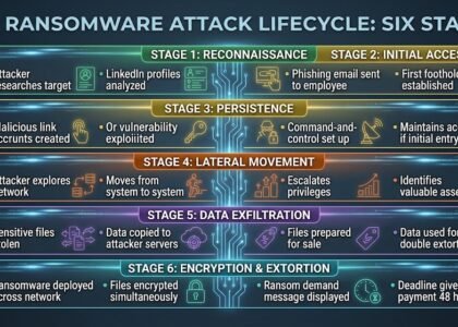 Diagram showing the six stages of a ransomware attack from reconnaissance through encryption and extortion demands