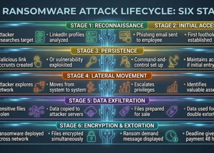 Diagram showing the six stages of a ransomware attack from reconnaissance through encryption and extortion demands