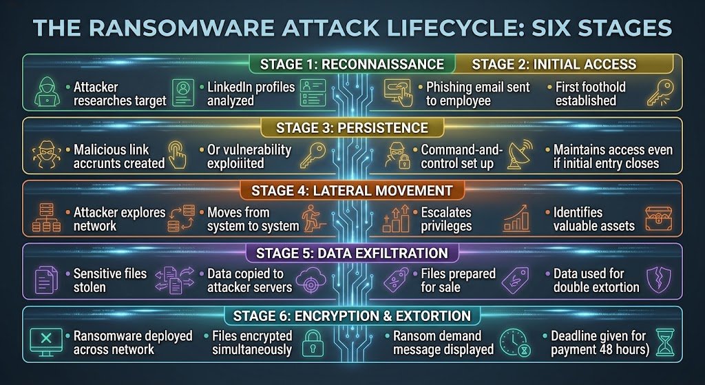 Diagram showing the six stages of a ransomware attack from reconnaissance through encryption and extortion demands