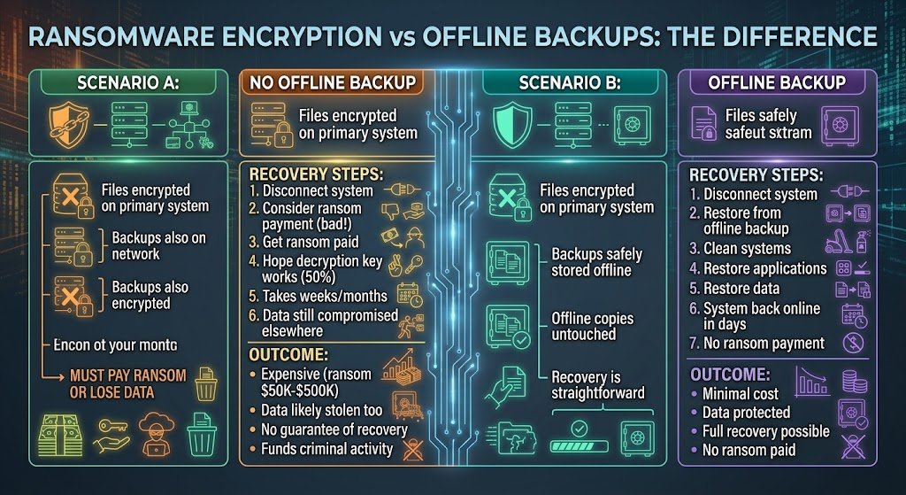 Diagram illustrating proper backup strategy with offline backups, version history, and recovery procedures for ransomware incidents