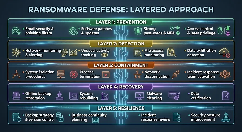 Visual representation of layered ransomware defense showing prevention, detection, containment, recovery, and resilience layers