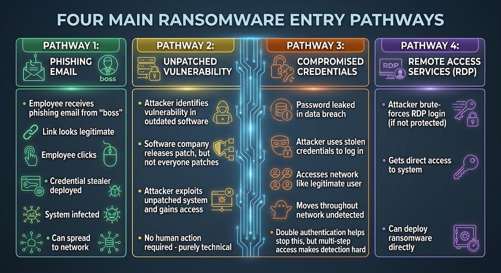 Infographic showing four main entry pathways for ransomware: phishing emails, unpatched vulnerabilities, compromised credentials, and remote access services