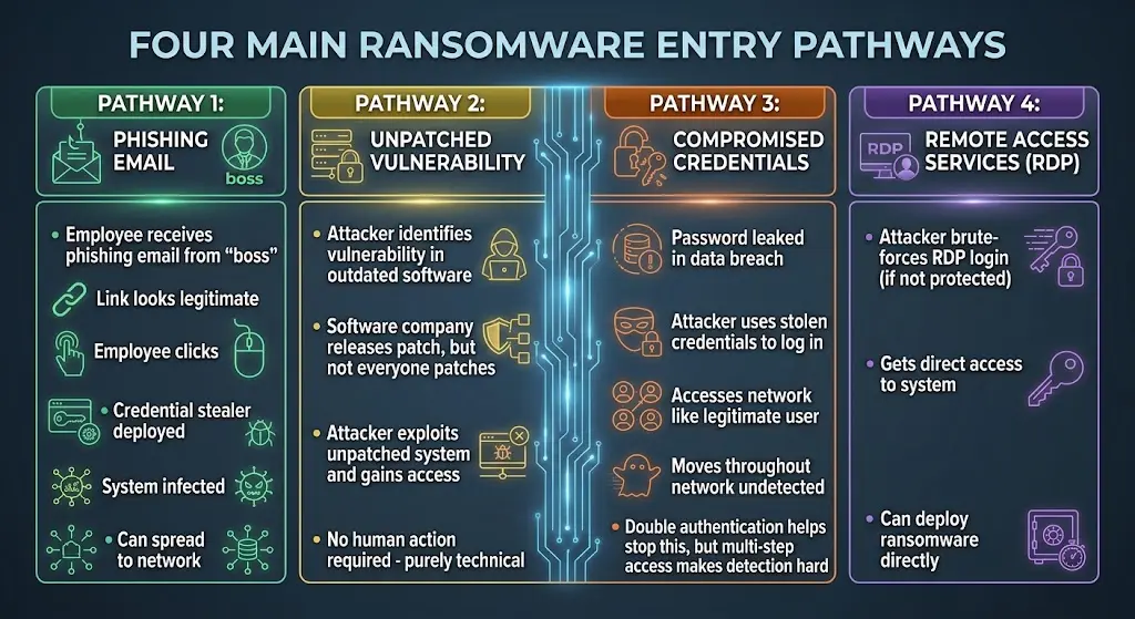 Infographic showing four main entry pathways for ransomware: phishing emails, unpatched vulnerabilities, compromised credentials, and remote access services