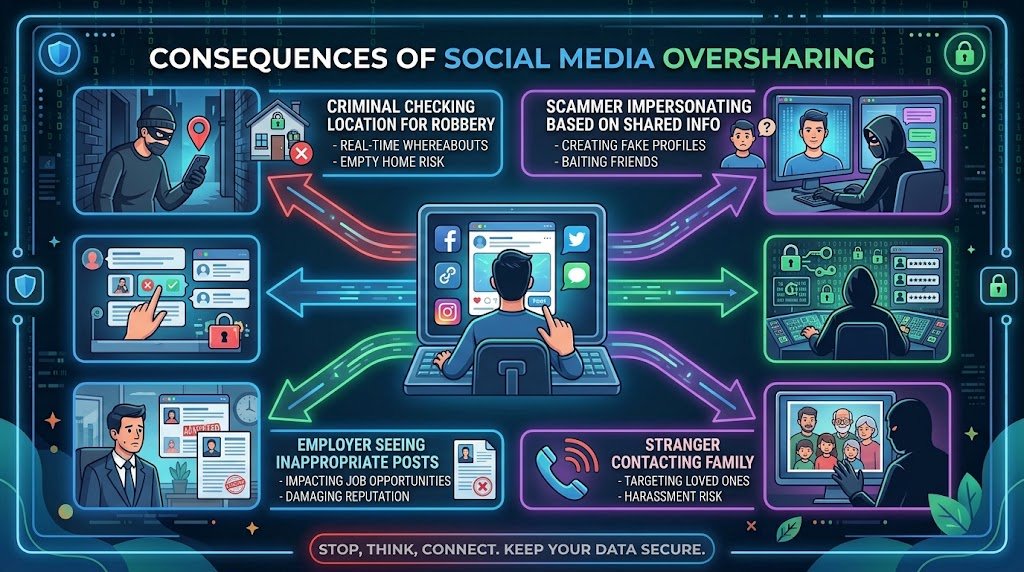 Illustration showing how oversharing on social media creates risks: identity theft, scams, location-based crimes, impersonation