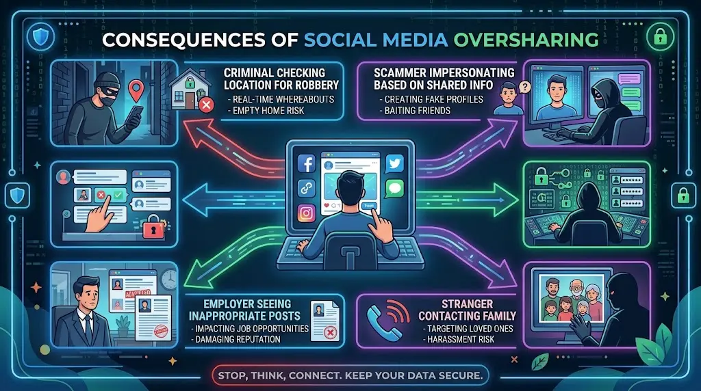 Illustration showing how oversharing on social media creates risks: identity theft, scams, location-based crimes, impersonation