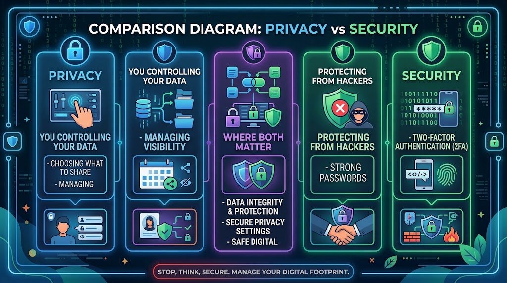 Diagram showing difference between privacy (controlling your data) and security (protecting from hackers)