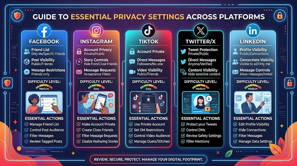 Visual guide showing privacy settings for Facebook, Instagram, TikTok, Twitter, LinkedIn