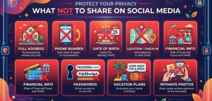 ISocial Media Privacy, infographic showing items to never share on social media: address, phone number, birthdate, location, financial info, passwords