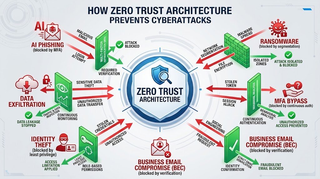 Diagram showing how Zero Trust prevents each attack type: AI phishing, ransomware, MFA bypass, business email compromise, identity theft, and data exfiltration