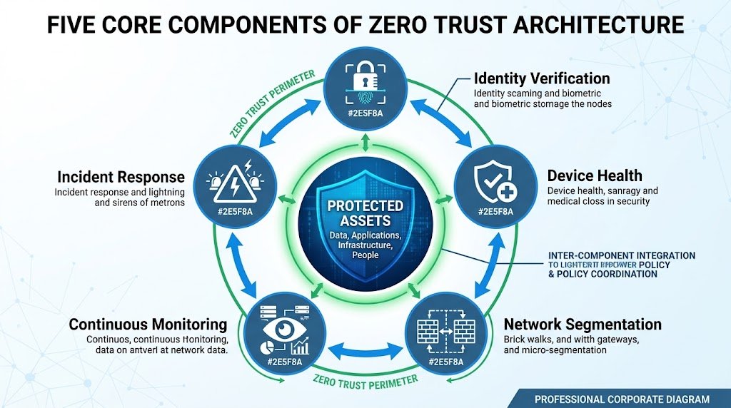 Diagram showing five core components of Zero Trust: identity verification, device health, network segmentation, continuous monitoring, and incident response