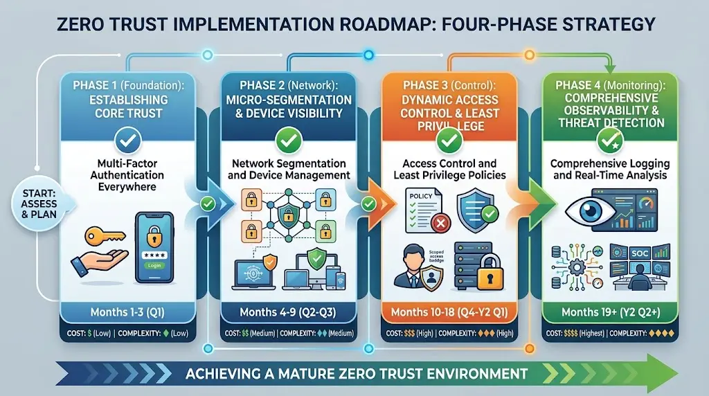 Timeline showing Zero Trust implementation phases: phase 1 multi-factor authentication, phase 2 network segmentation, phase 3 device management, phase 4 logging and monitoring