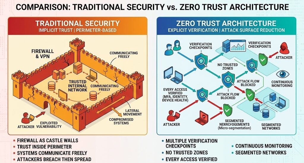 Comparison diagram of traditional perimeter-based security vs Zero Trust architecture