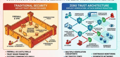 Comparison diagram of traditional perimeter-based security vs Zero Trust architecture