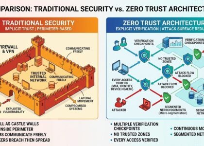 Comparison diagram of traditional perimeter-based security vs Zero Trust architecture