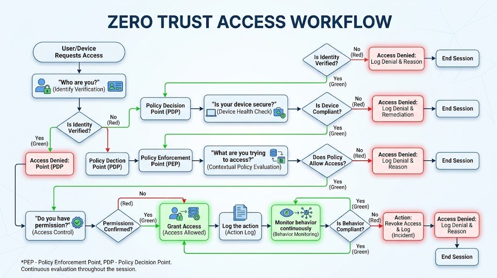 Flowchart showing Zero Trust access workflow: request access, verify identity, check device health, apply policy, log action, monitor behavior